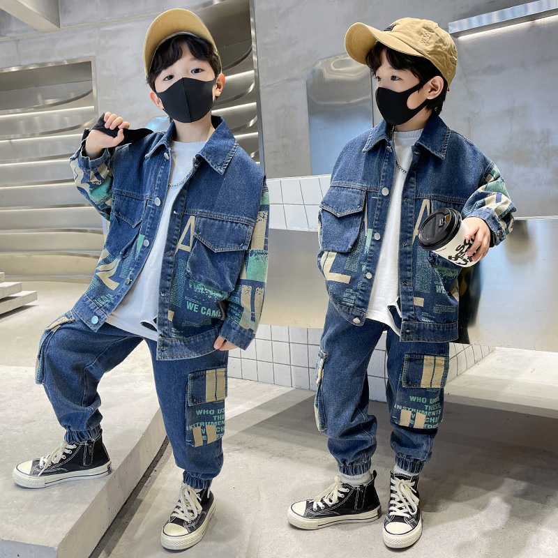 男童春装套装新款印花牛仔帅气春秋儿童时髦炸街洋气衣服两件套潮