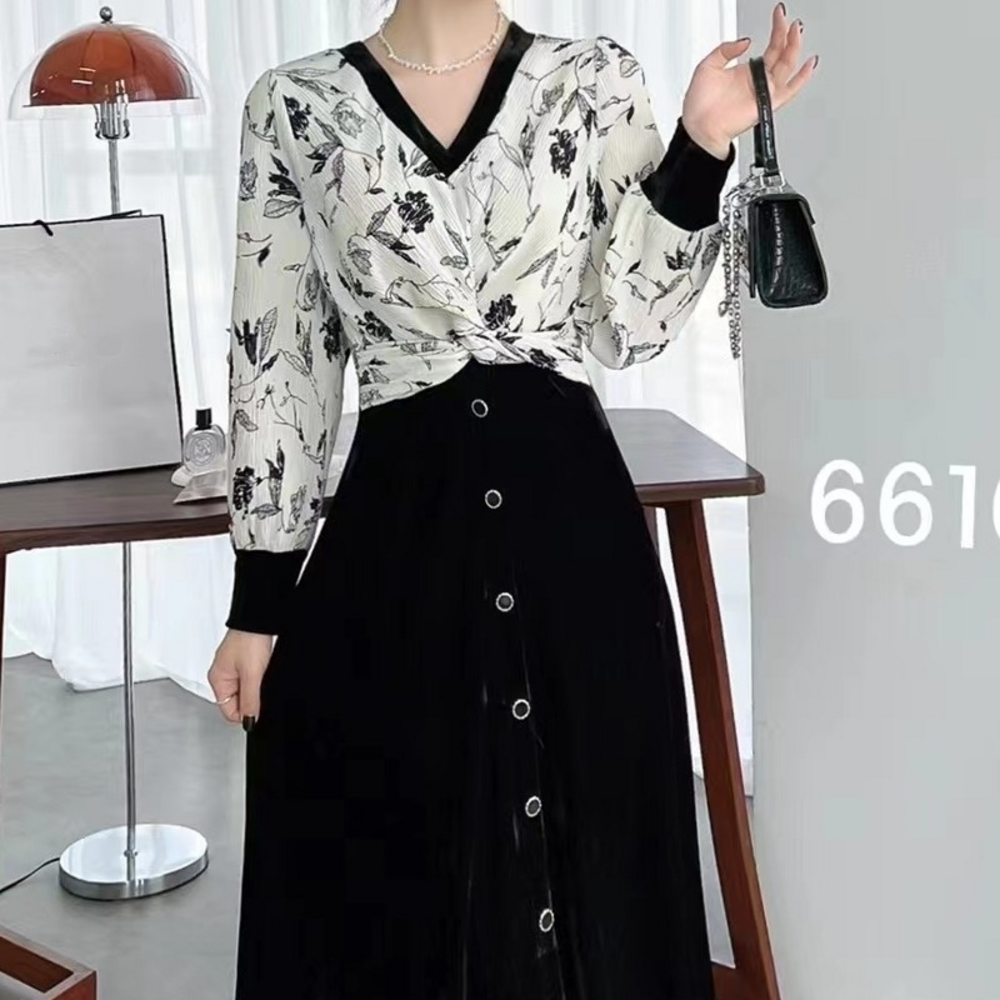 「LE布森」X6610时尚米白色淑女V领泡泡袖拼接收腰连衣裙