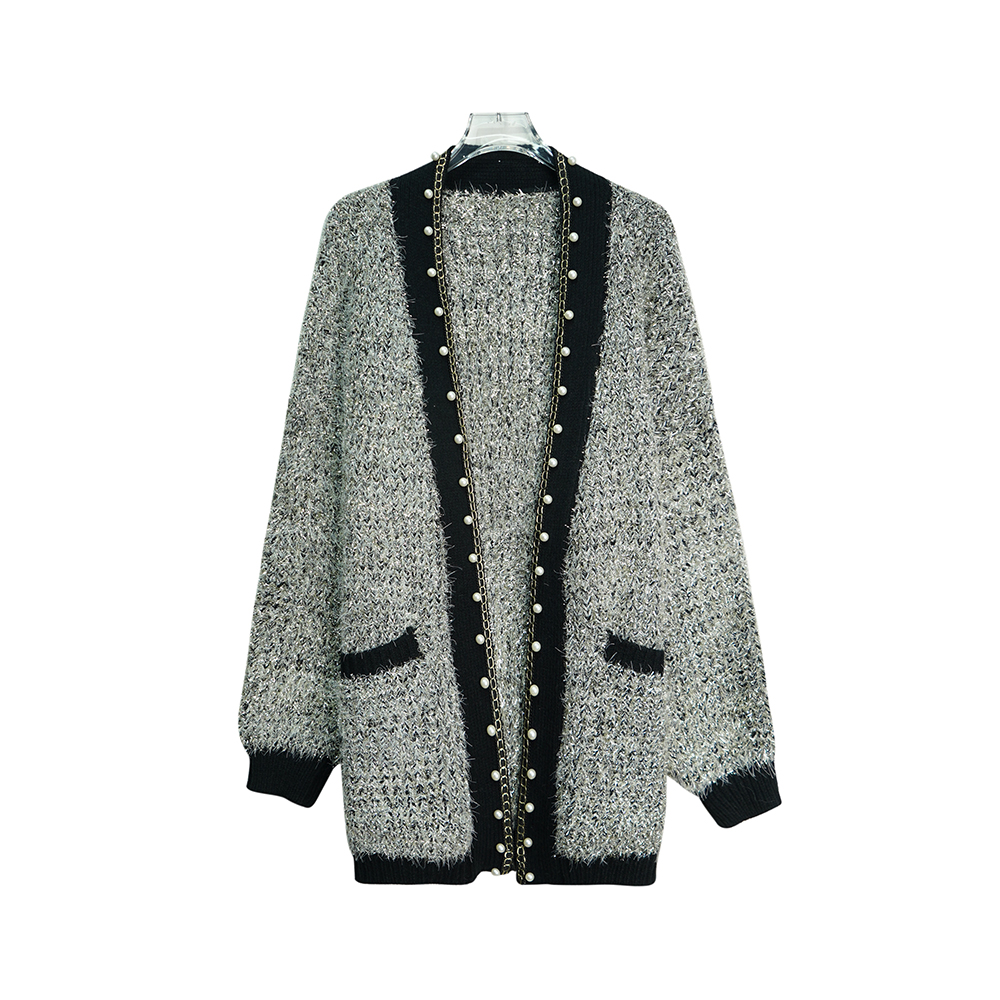 X24746【上新】钉珠亮丝开衫宽松慵懒风拼色链条V领秋冬毛衣设计