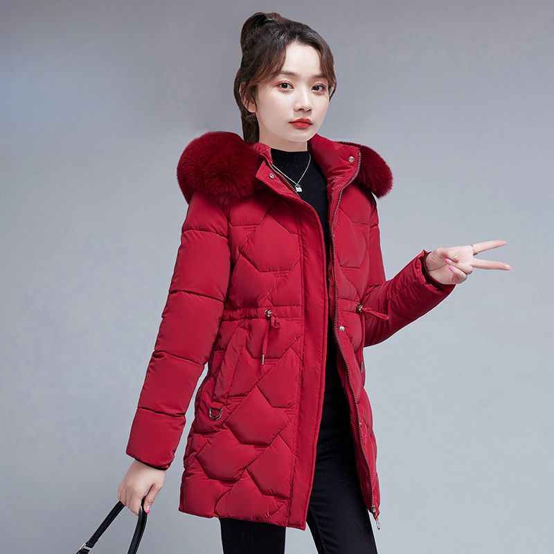 啄木鸟棉衣女冬季新款羽服棉服中长款毛领加厚保暖棉服连帽外套棉
