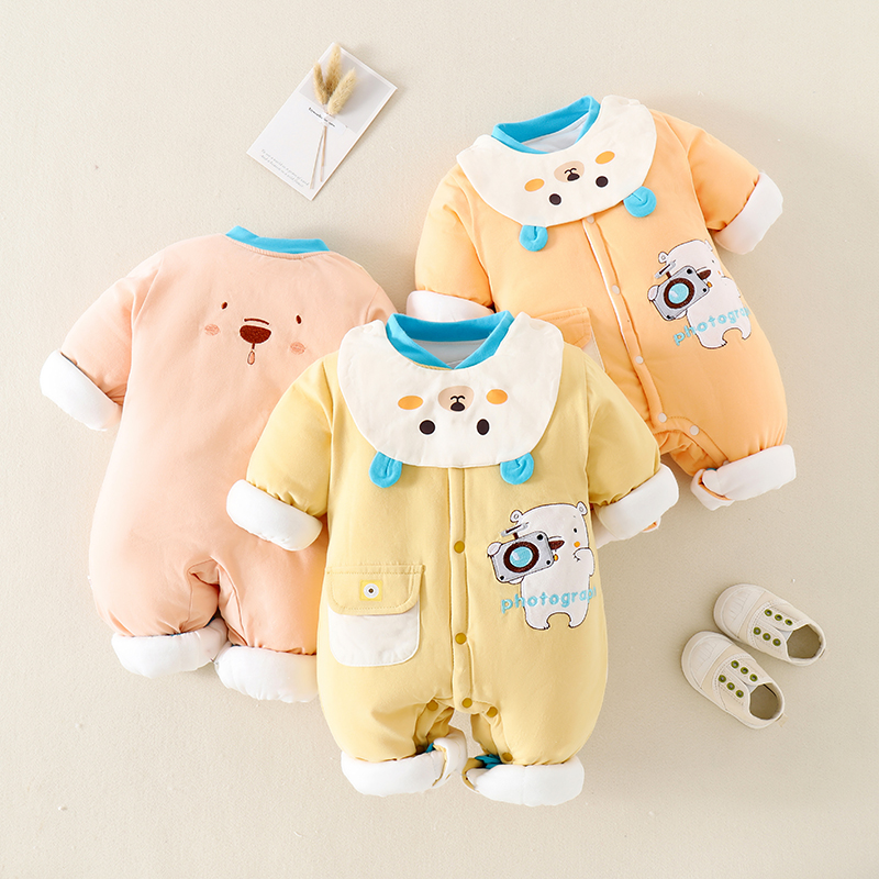 新生儿秋冬季宝宝薄棉连体衣男女婴儿衣服深秋装夹棉保暖外出哈衣