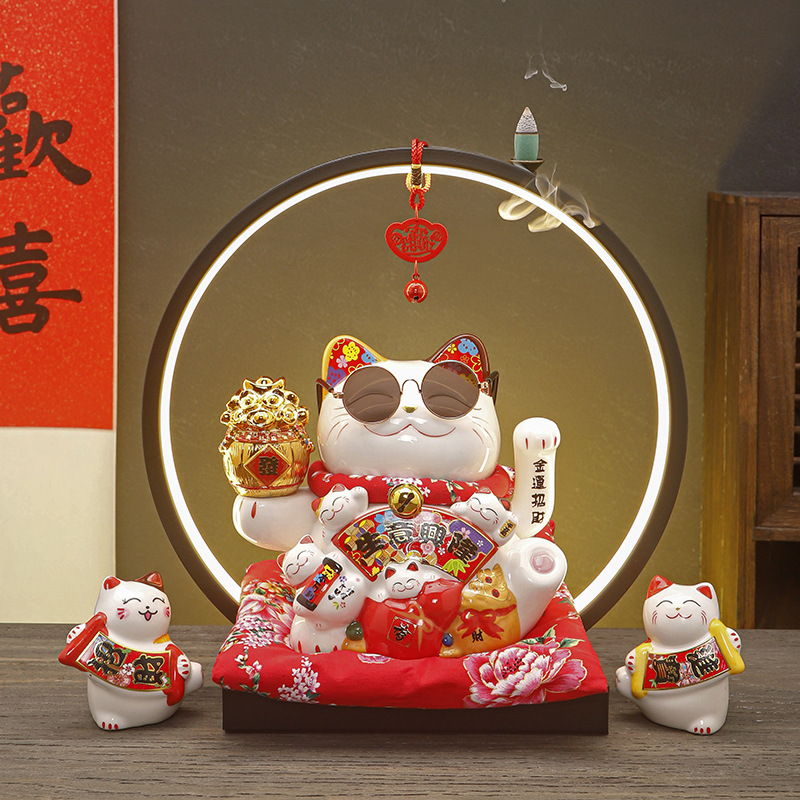 庆富摇手招财猫陶瓷摆件开业大号店铺收银台家居客厅礼品自动招手