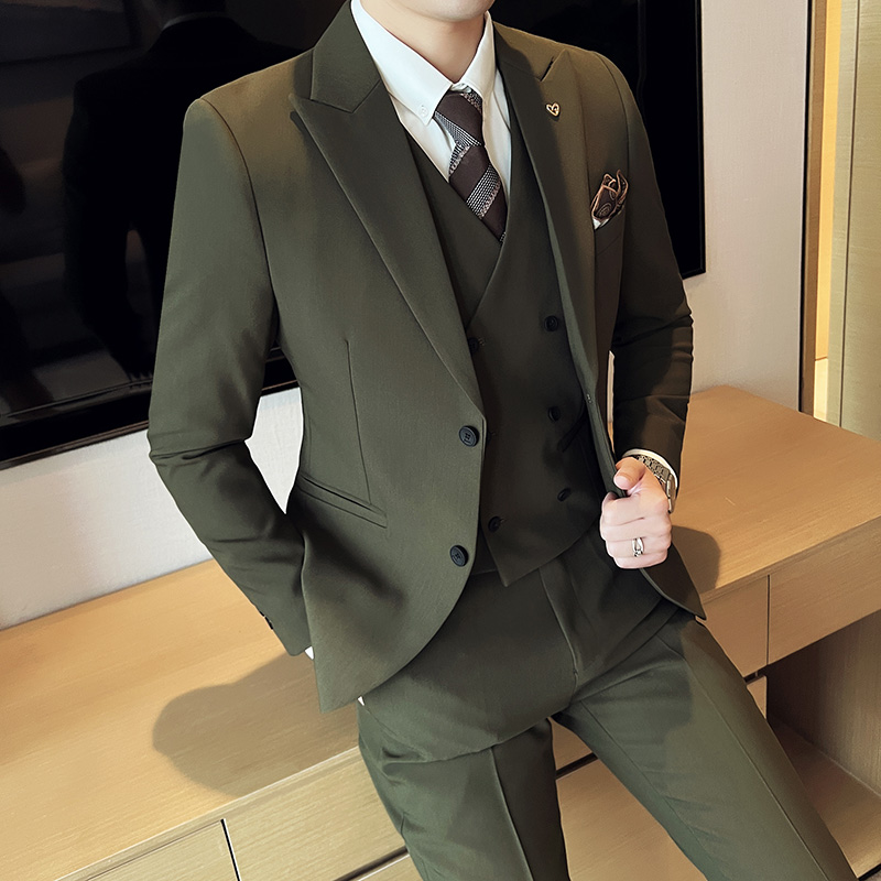 西服套装 韩版英伦三件套西装 纯色小西装套装绿色新郎双排扣结婚