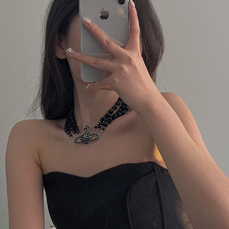 合金项链 欧美三层黑色水晶镶嵌满钻土星项链女吊坠时尚小众ins