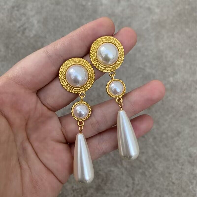 铜合金仿珍珠耳饰 中古小众独特复古设计耳饰珍珠长款气质耳环104