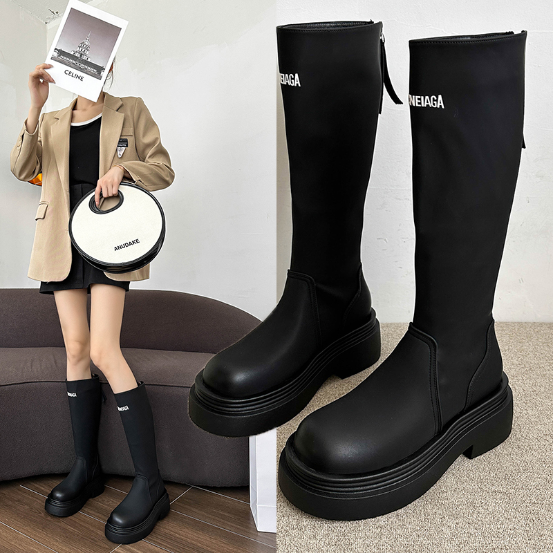 【山住一专属】厚底字母弹力靴女2023爆款百搭时尚不过膝机车骑士靴