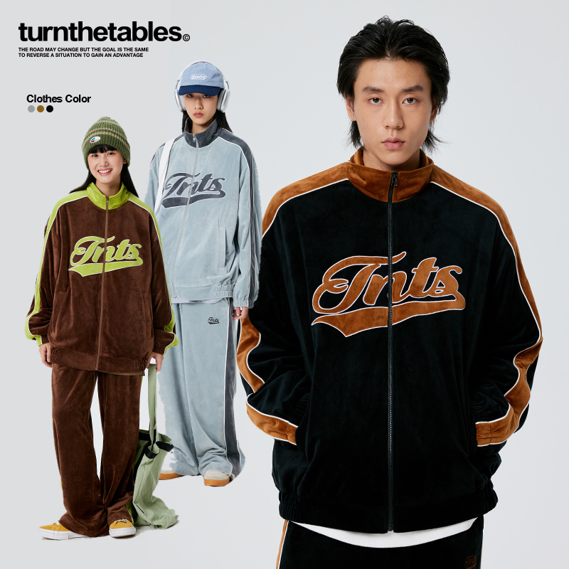 turnthetables旗舰秋冬美式复古银狐绒撞色贴布绣夹克立领外套ol
