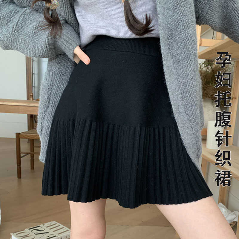 孕妇百褶毛线针织裙新款女秋冬季外穿短裙百搭A字半身裙短裙时尚