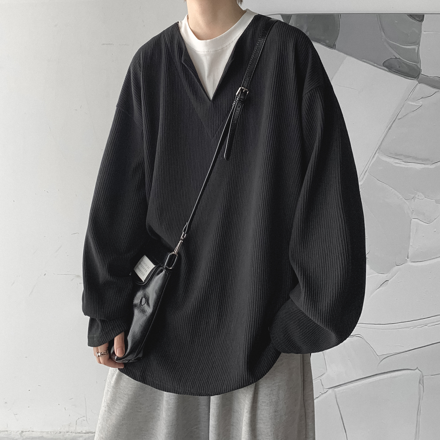 V领假两件卫衣男宽松长袖t恤高街oversize春秋高级感美式慵懒chic