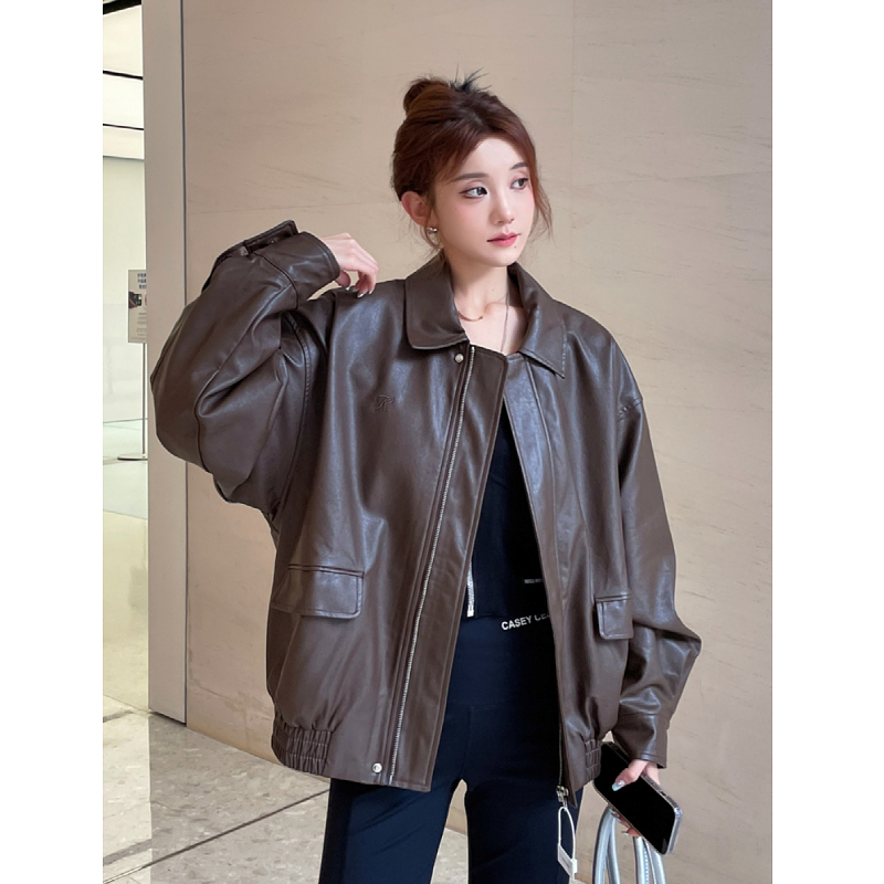 棕色皮衣外套女2023年新款春秋季机车短款高级感美式复古皮夹克男