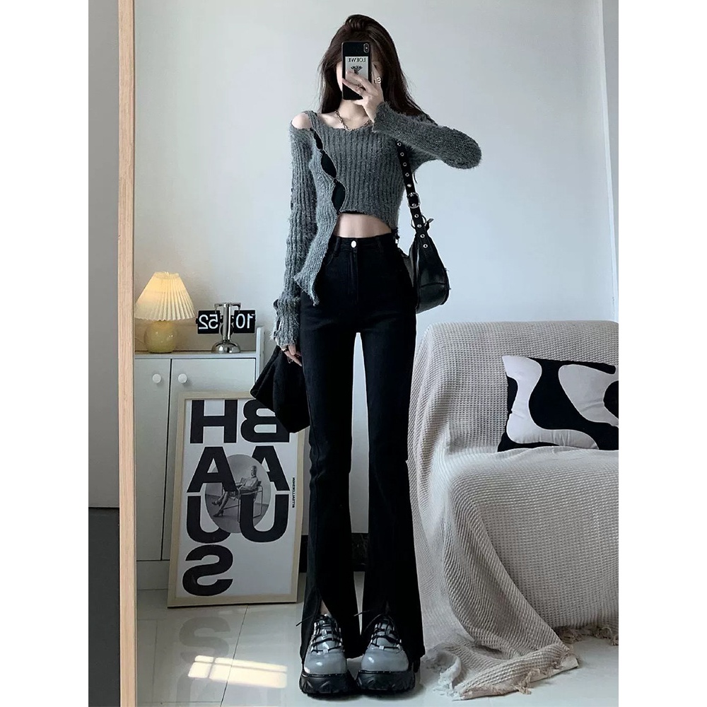 微喇开叉牛仔裤女2023年秋冬新款高腰修身显瘦小个子喇叭马蹄裤子