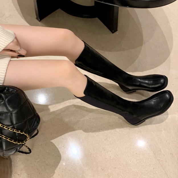 大叔女鞋家拼接设计方头粗跟中高筒不过膝瘦瘦骑士靴女2023年秋冬