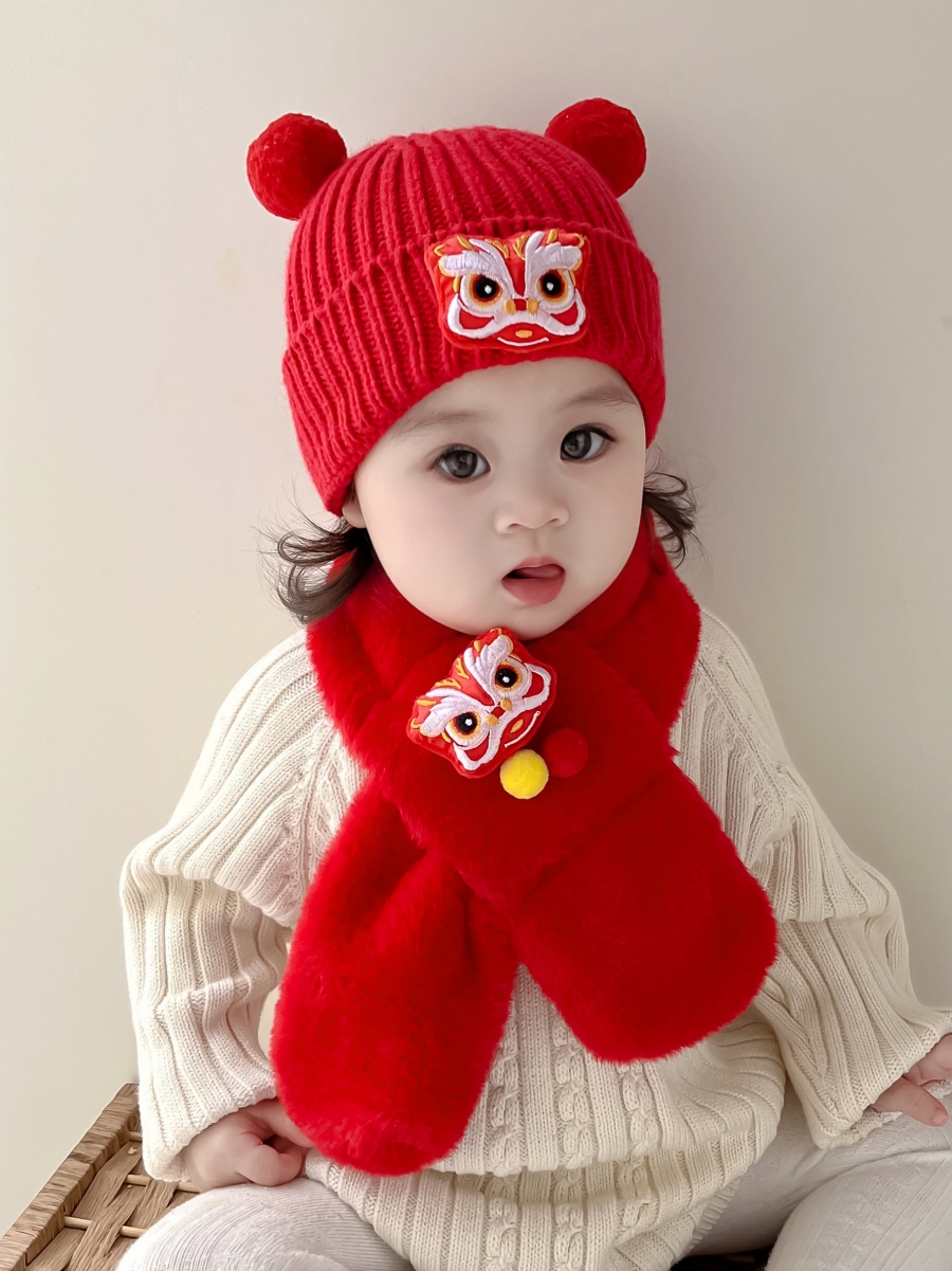 红色婴儿帽子围巾套装秋冬款男童帽新年周岁宝宝醒狮帽女童护耳帽