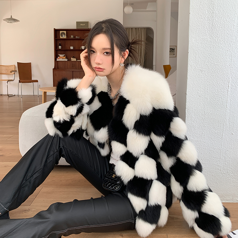 棋盘格毛毛大衣女新款秋冬韩版洋气黑白休闲宽松百搭外套女  1155
