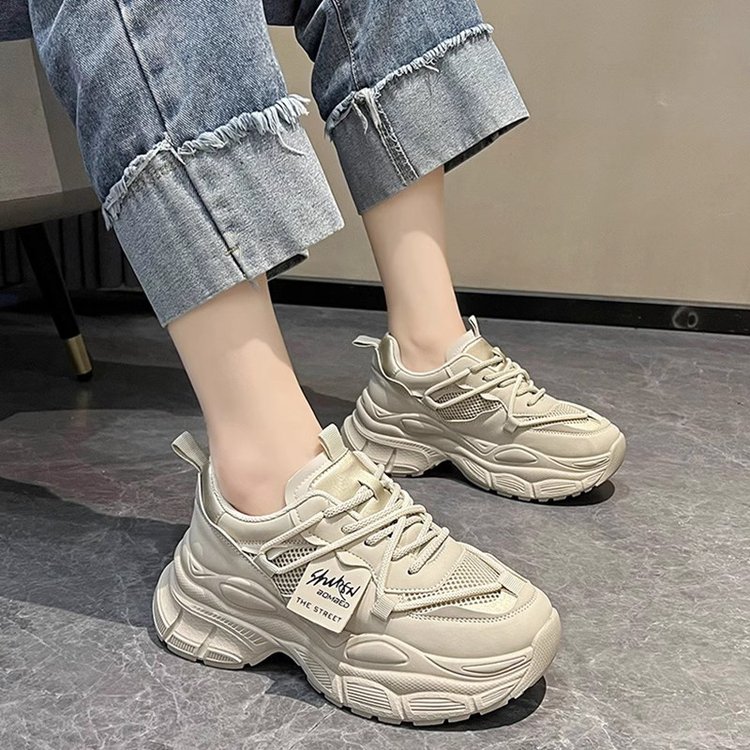 真软皮厚底增高老爹鞋女2023秋冬百搭透气女鞋增高显瘦软底小白鞋