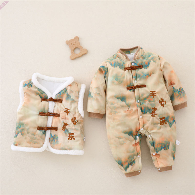 婴儿连体衣冬款中国风棉服婴幼儿马甲套装宝宝夹棉加厚超萌外出恒