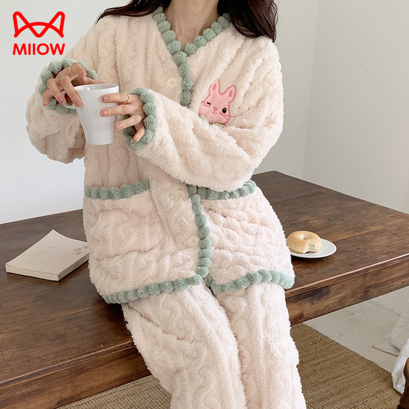 MiiOW/猫人珊瑚绒睡衣女秋冬2022新款网红风卡通可外穿保暖家居服