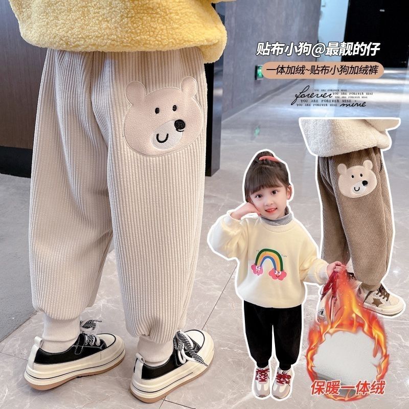 女童加绒加厚裤子秋冬装新款中小童保暖可爱卡通休闲一体绒束脚裤