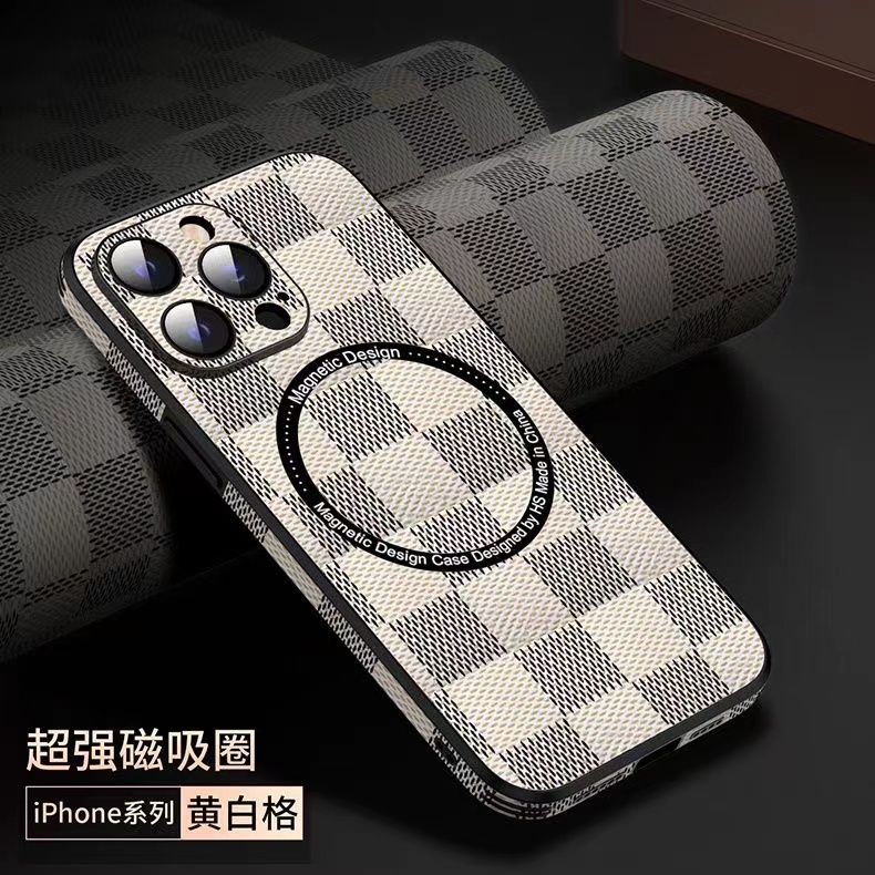 苹果15/14/13/12高品皮质格纹无线磁吸充电iPhone14promax手机壳