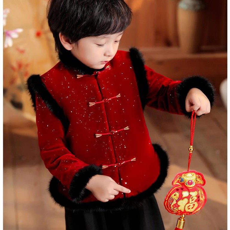 唐装男童拜年服冬季汉服加厚宝宝周岁红色喜庆礼服套装儿童过年服
