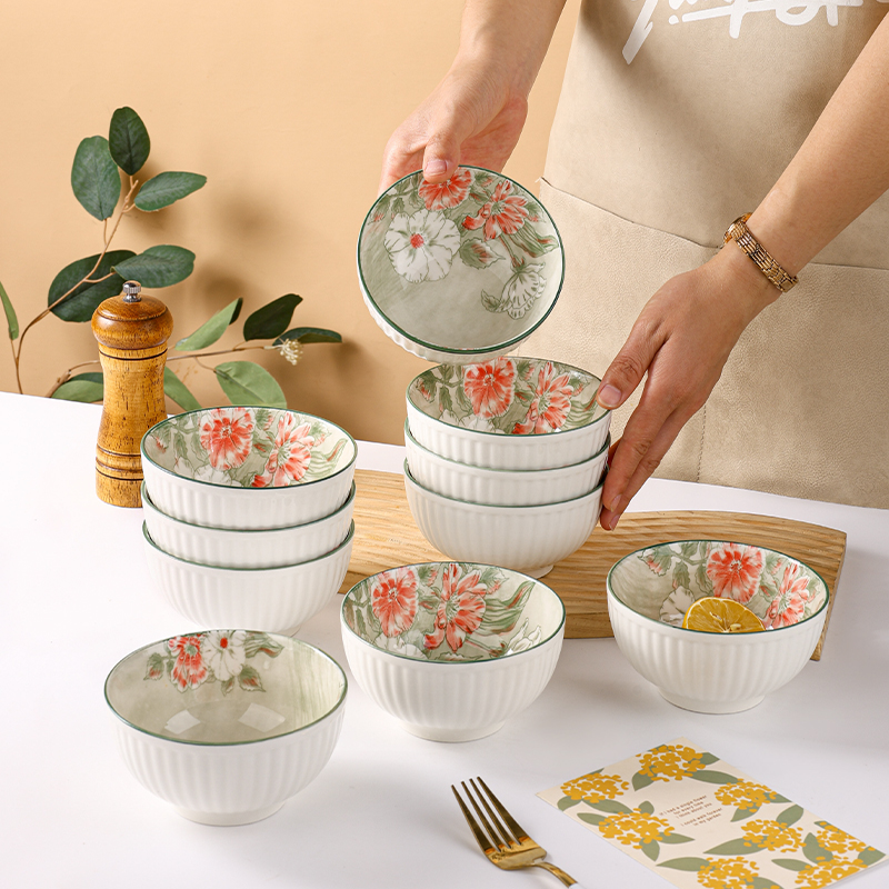 【破损包赔】花开富贵10只4.5英寸饭碗釉下彩防烫陶瓷简约家用陆