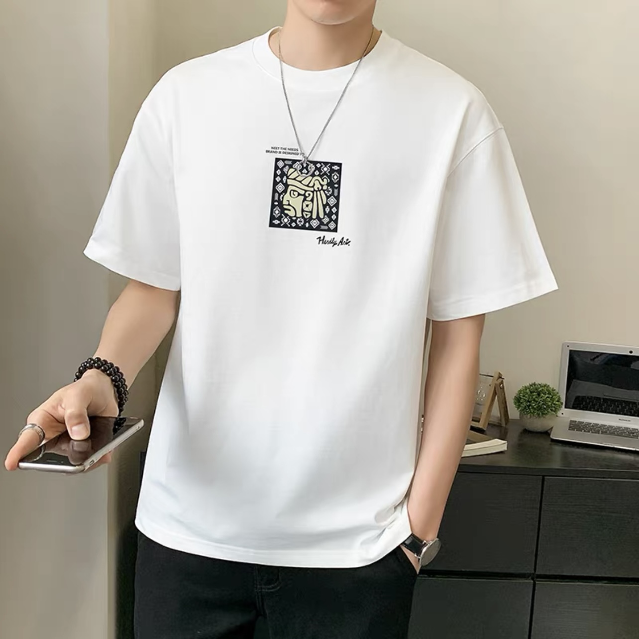 81871短袖T恤男士夏季潮牌潮流宽松休闲印花冰丝薄款半袖体恤