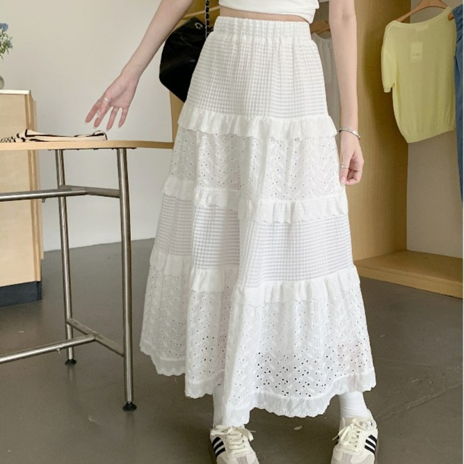 白色半身裙女夏季高腰伞裙A字裙长裙温柔风蛋糕裙设计感蕾丝裙子