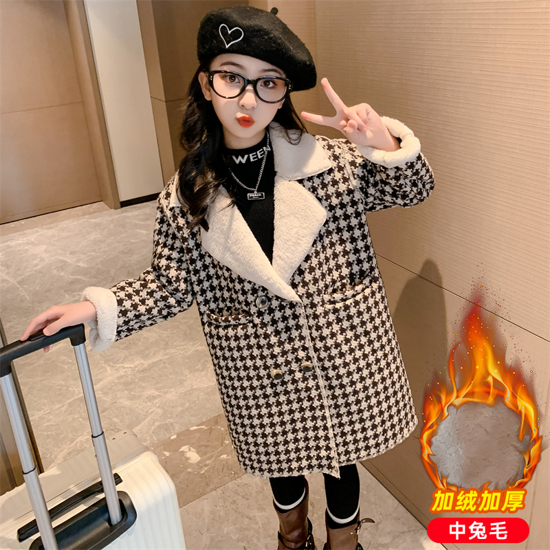 女童毛呢外套2023新款秋冬款洋气格子加绒加厚儿童呢子大衣中长款