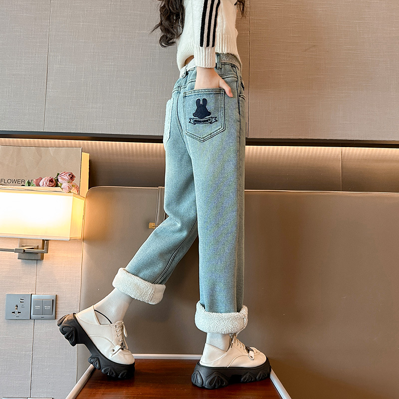 女童羊羔绒牛仔裤冬装加厚阔腿裤2023新款女大童一体绒休闲直筒裤