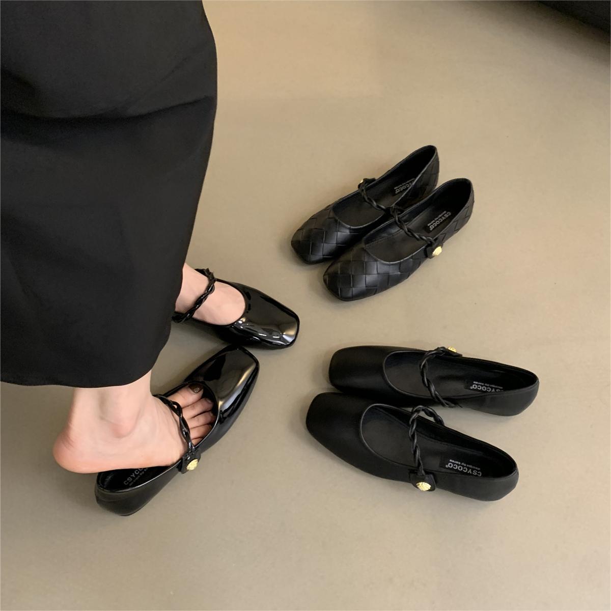 黑色圆头浅口单鞋女2024早春新款韩版复古温柔仙女软平底玛丽珍鞋