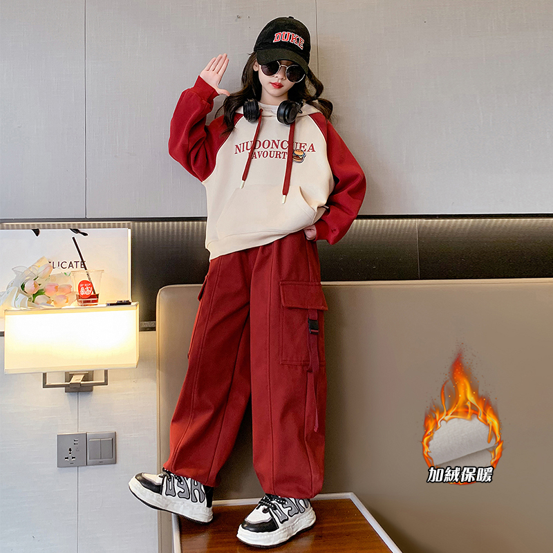 女童秋冬加绒款套装儿童洋气韩版连帽卫衣中大童女孩休闲宽松工裤