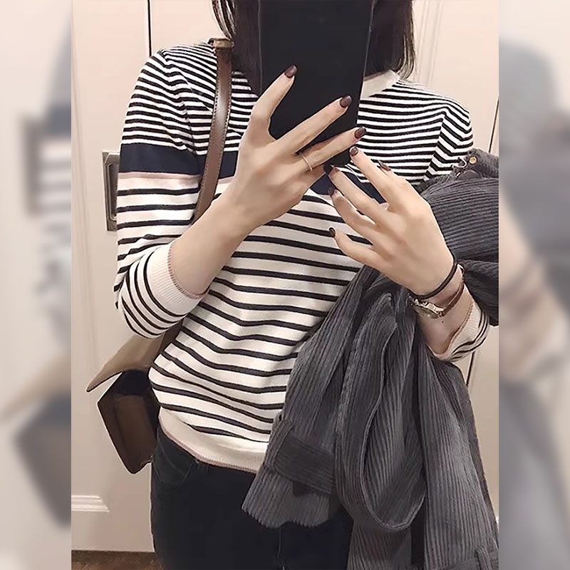 小个子精致打底针织衫宽松套头圆领条纹短款上衣2023冬季女装新款