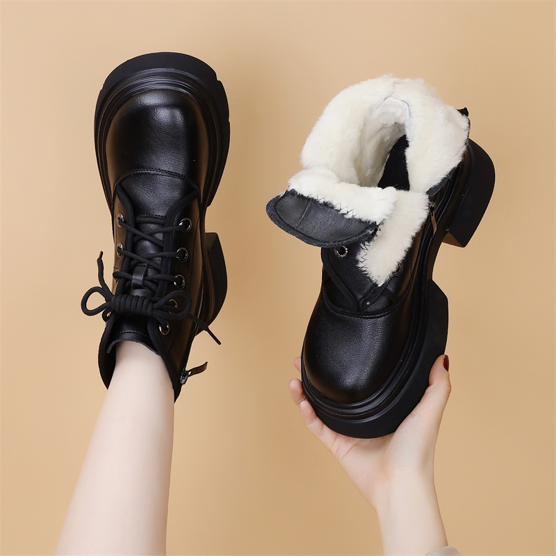 真皮加绒加厚马丁靴女2023新款冬季皮毛一体粗跟增高保暖防寒棉靴