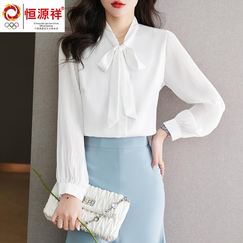 恒源祥彩羊白色衬衫女秋装2023年新款设计感独特别致系带雪纺衫上