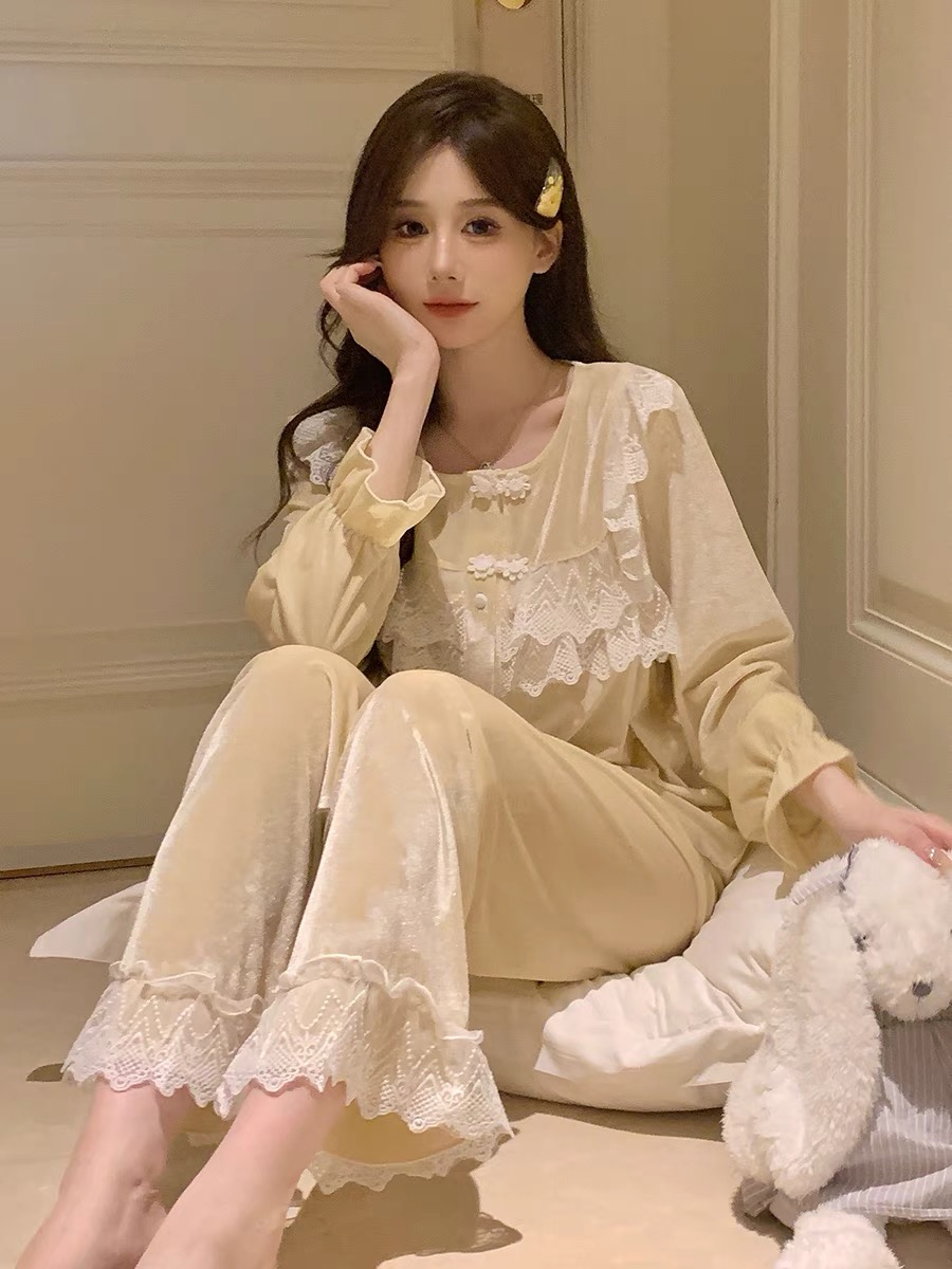 板栗小姐-J【婉初】金丝绒睡衣女2023新款气质网红长袖甜美两件套