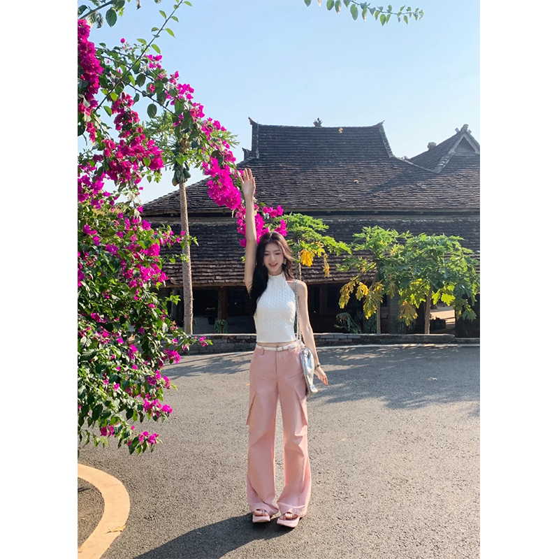 2024夏季新款辣妹修身显瘦露脐打底衫半高领外穿背心高腰粉色裤子