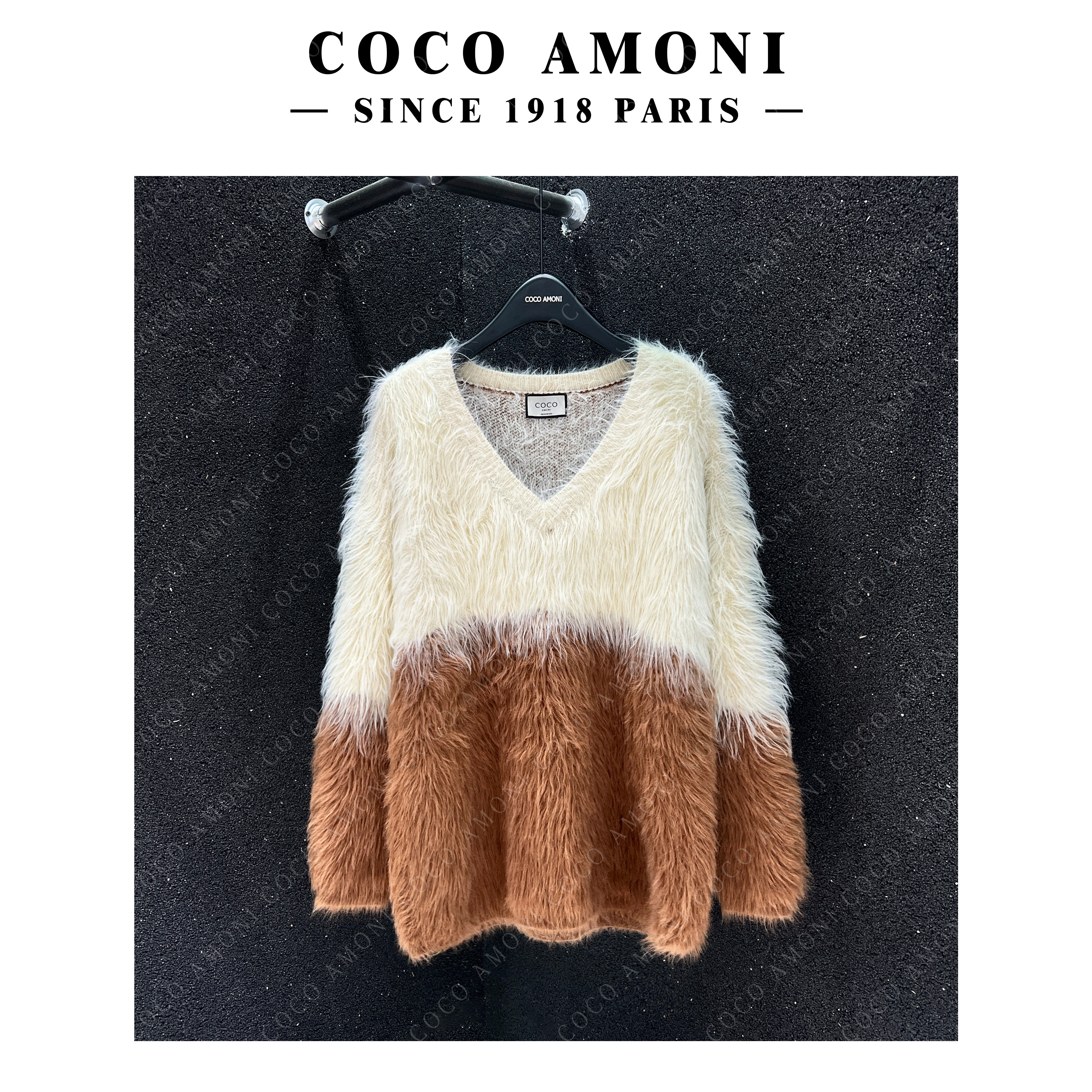 【MINA】渐变拼色长绒宽松V领套头毛衫甜美时尚百搭长袖毛衣女NZ5