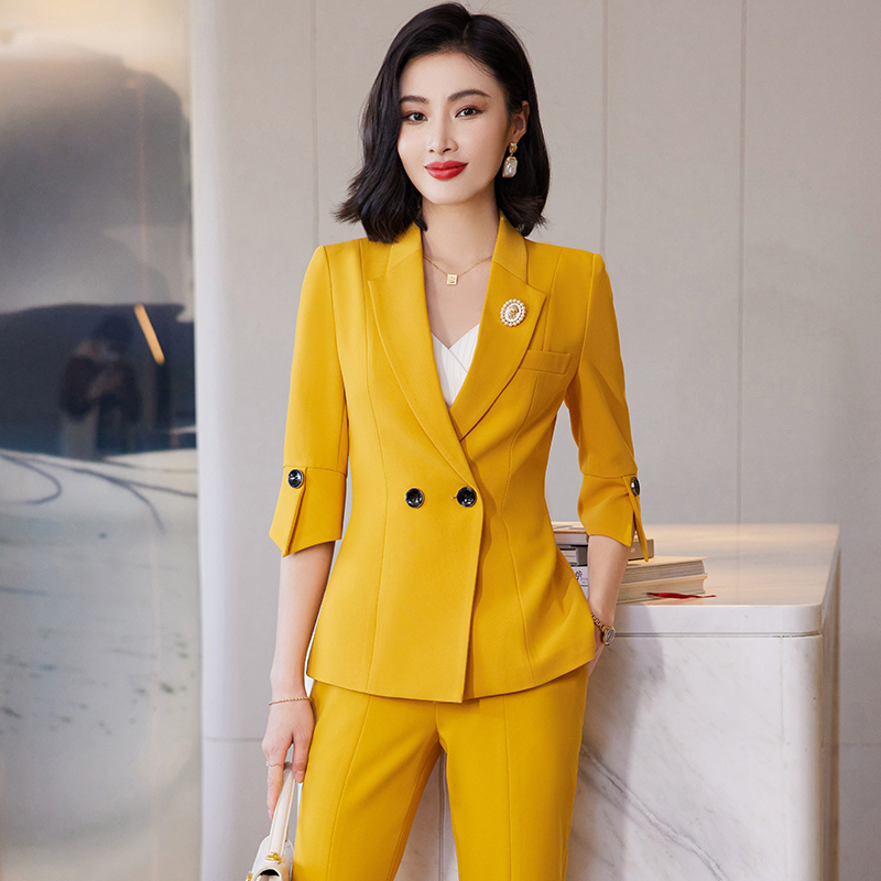黄色西装外套女2023夏季新款高端御姐范职业装西服了微喇西裤套装