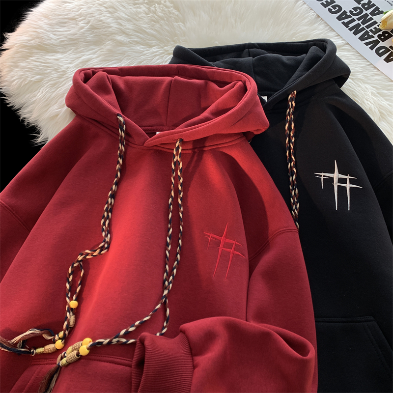 酒红色国风刺绣连帽卫衣男秋冬500g重磅加绒美式潮牌情侣休闲外套