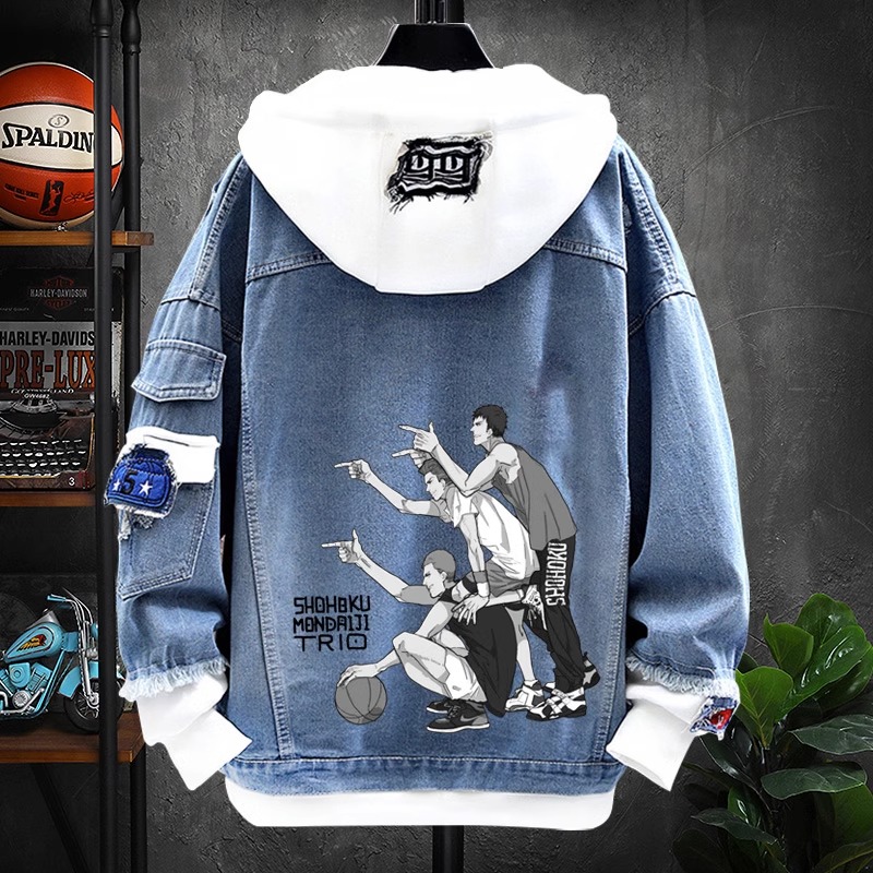 仓石一树灌篮高手潮牌青少年牛仔卫衣连帽假两件外套男士春秋新款
