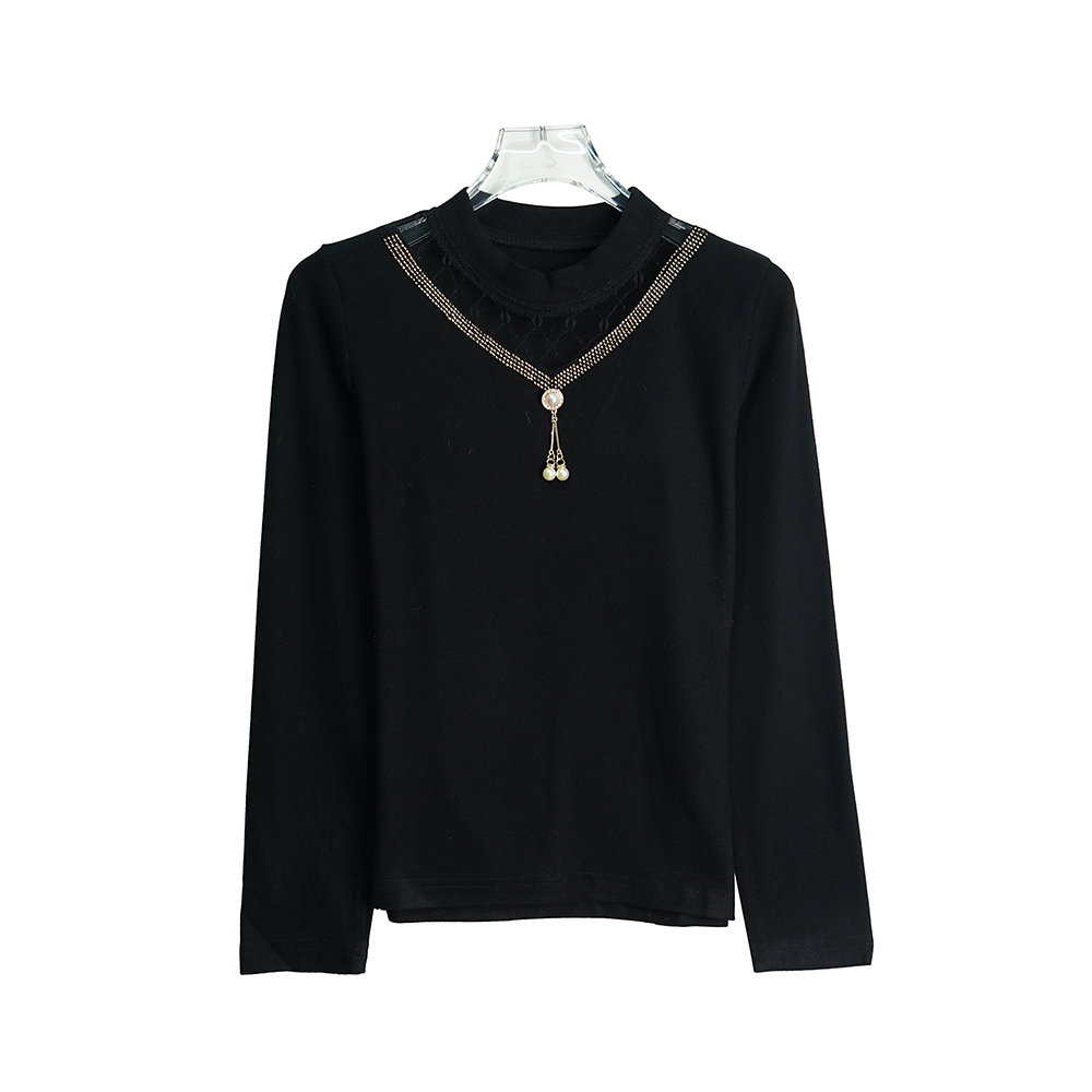 X24396【上新】时尚洋气黑色蕾丝修身显瘦立领长袖打底衫3D