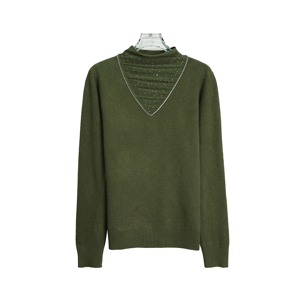 X24503【上新】设计感烫钻拼接镶钻绿色加绒加厚打底毛衣3D