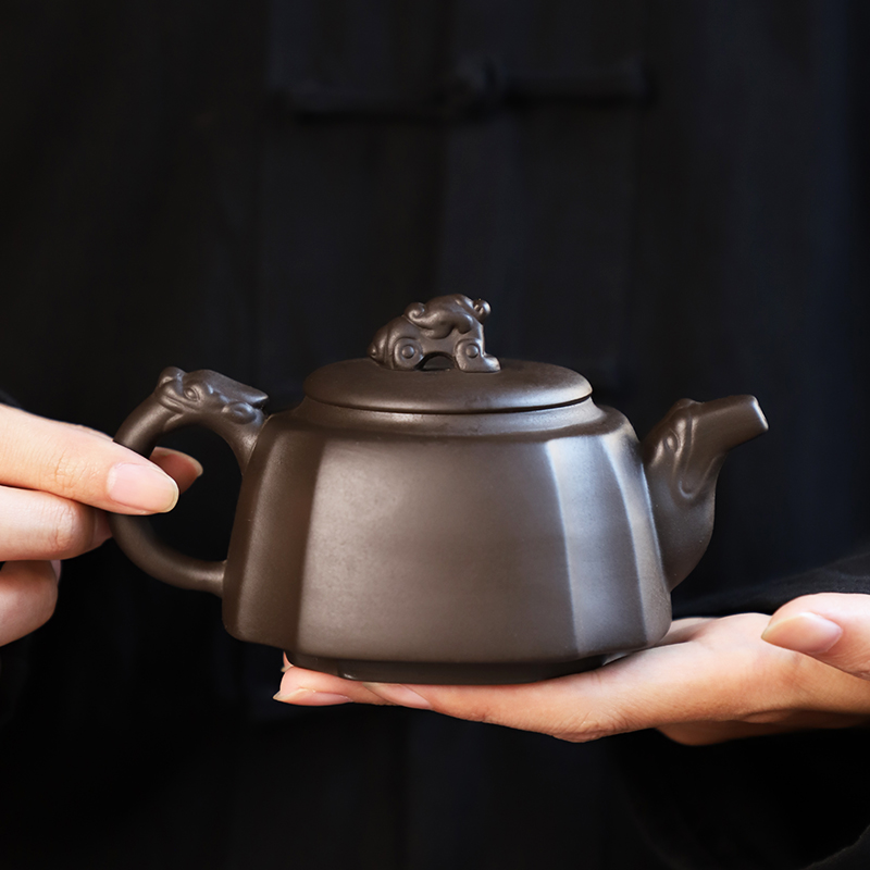 妍器宜兴紫砂壶纯手工紫泥四方龙壶泡茶壶家用功夫茶具大容量茶壶