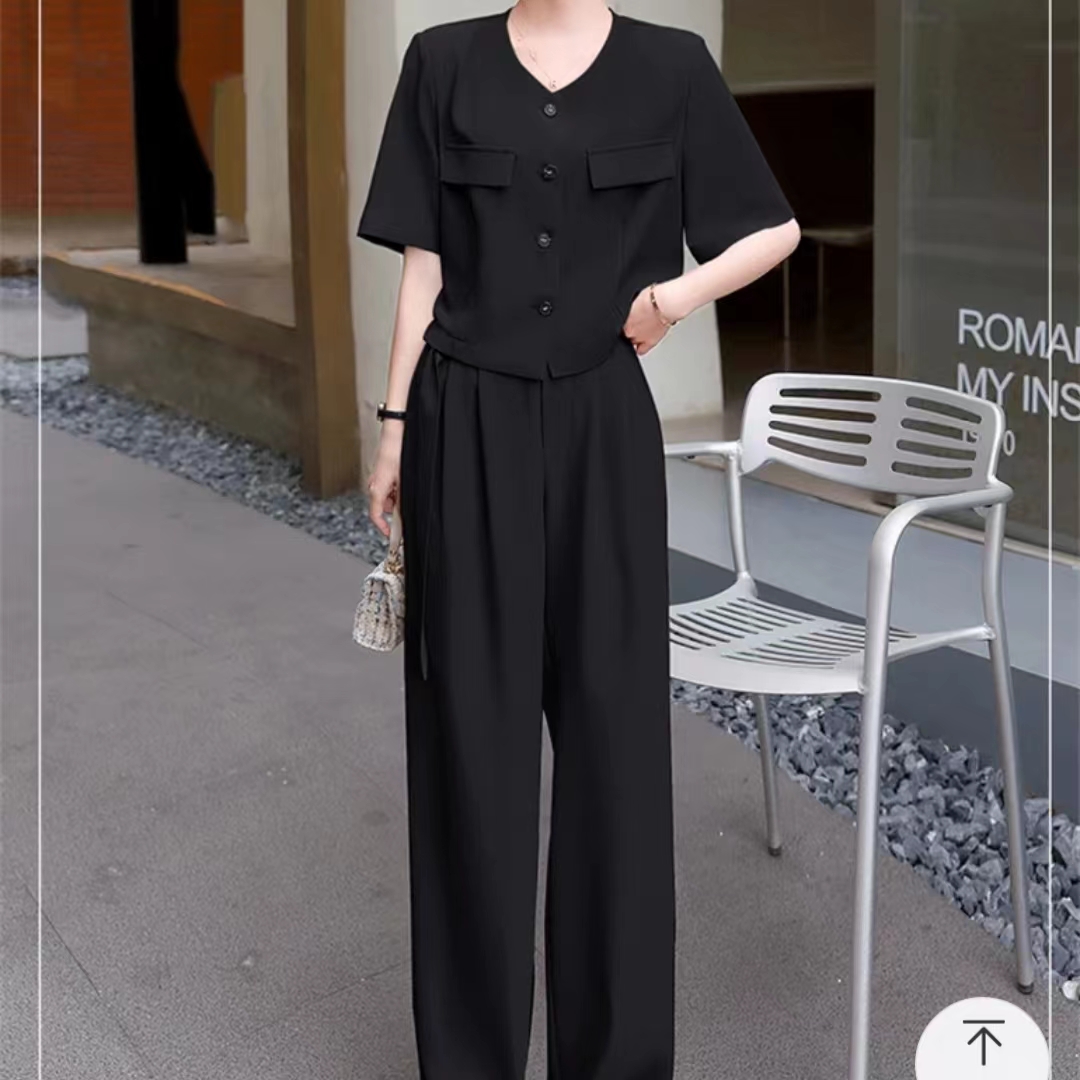 E6906 【新款】时尚港风复古短袖黑色小香风长裤两件套