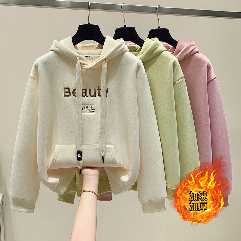 冬季新款小清新甜美女装加绒连帽卫衣套头慵懒风宽松洋气加厚外套