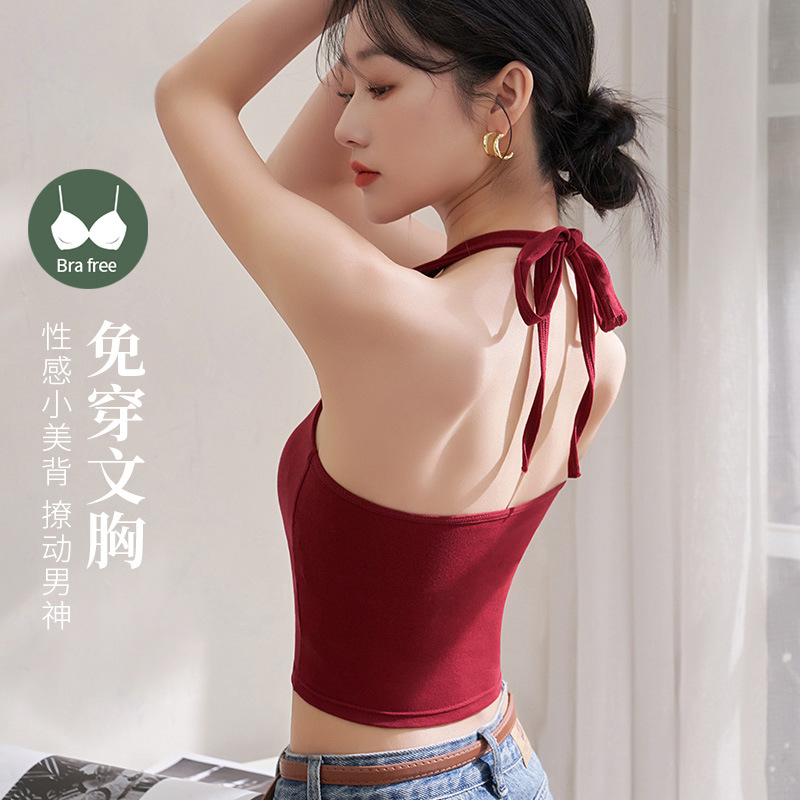 网红挂脖冰丝吊带背心女带胸垫复古港风美背内衣红色打底外穿上衣