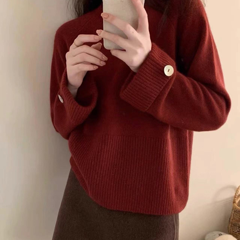 【阿婷家】设计款袖口一粒扣宽松毛衣针织上衣长袖女A2-189
