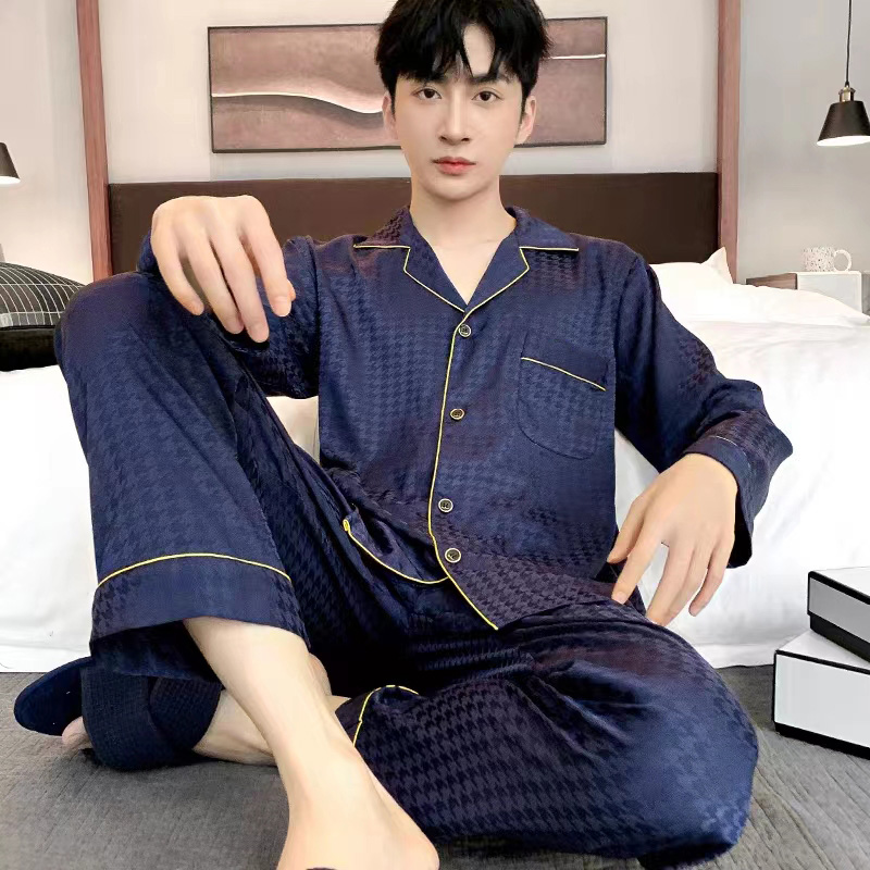 男士透气家居服套装外穿时尚轻奢春夏冰丝缎面睡衣