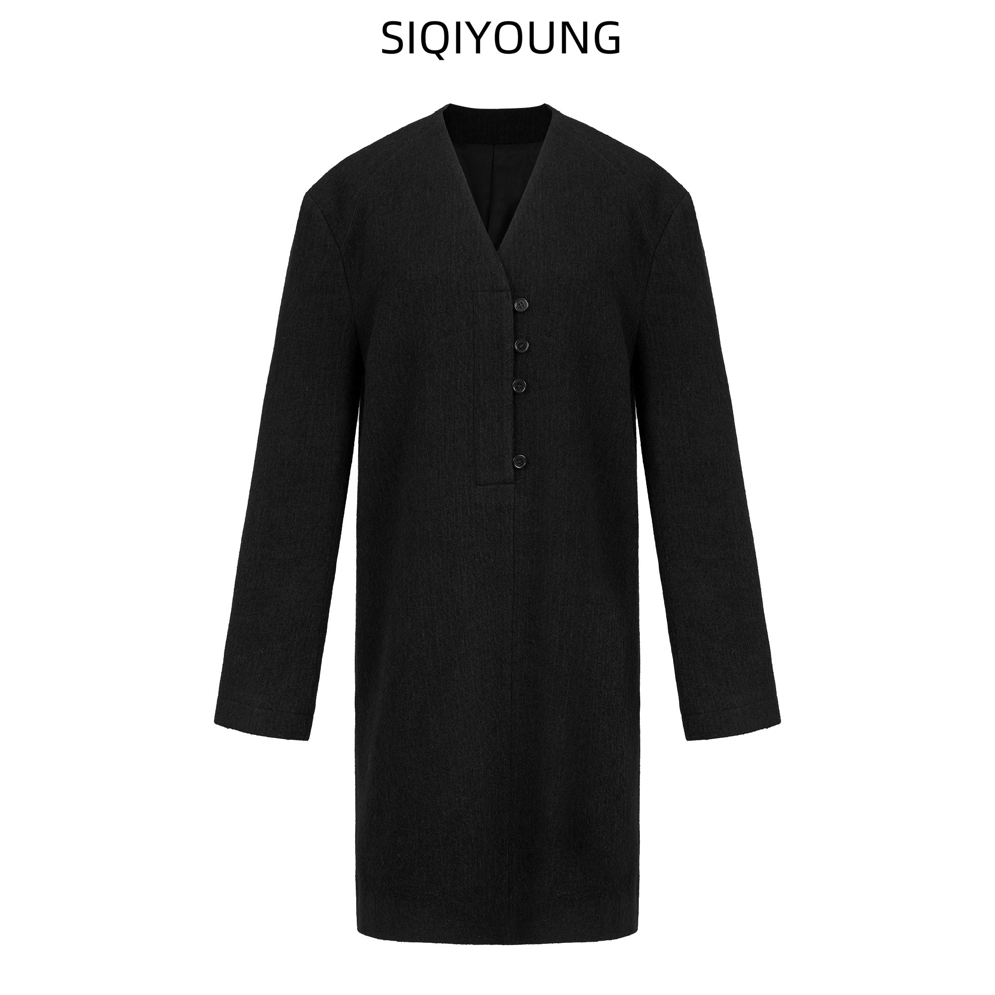 【Maggie精选】SIQIYOUNG 半开襟饰扣羊毛梭织连衣裙