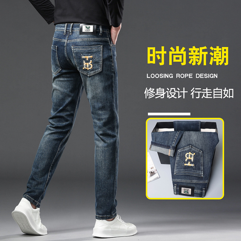 秋冬新款怀旧蓝高档刺绣牛仔裤时尚潮流男士弹力修身百搭小脚长裤